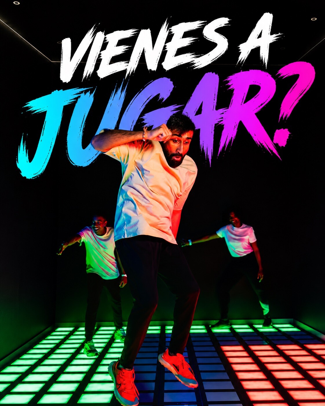 Jugadores saltando sobre el suelo interactivo iluminado